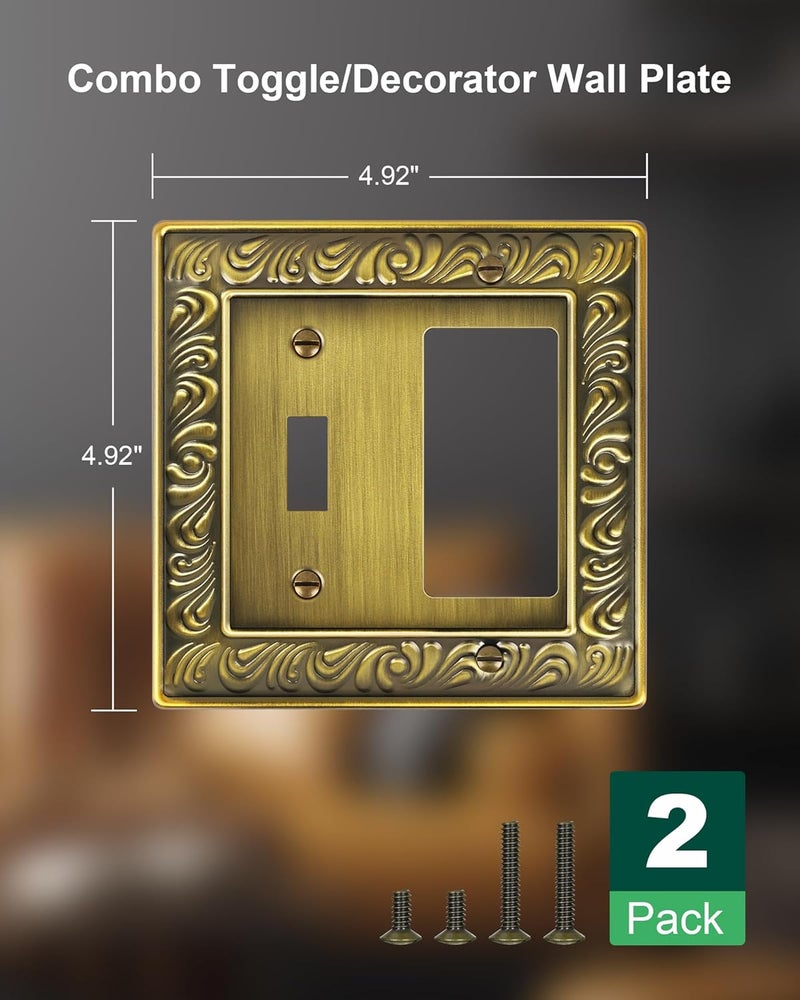 treewell 2-Pack Combo Toggle/Decorator Light Switch Cover Plate, Paisley Pattern Decorative Wall Outlet Cover Plate, Antique Brass Electrical Outlet Covers, Metal Wall Switch Plates and Outlet Covers - Image 2